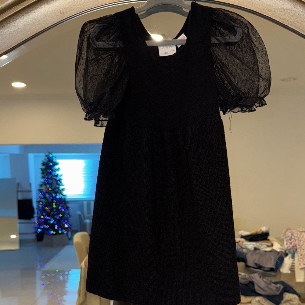 Zara Black Kids Dress with Sheer Puff Sleeves
